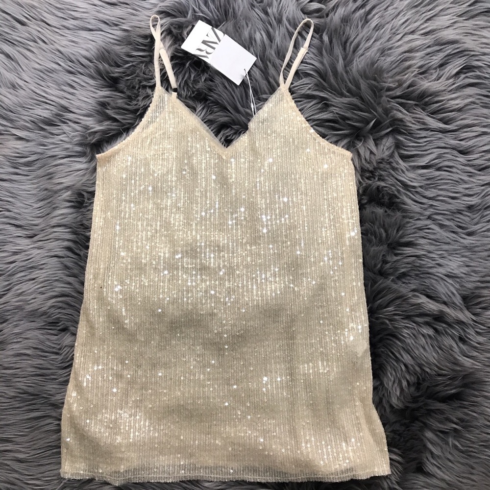 NWT Zara creme sequin spaghetti strap top sz M